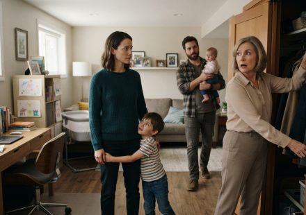 A woman watches her mother measure the downstairs suite for my brother while her husband and children stand inside their family home.