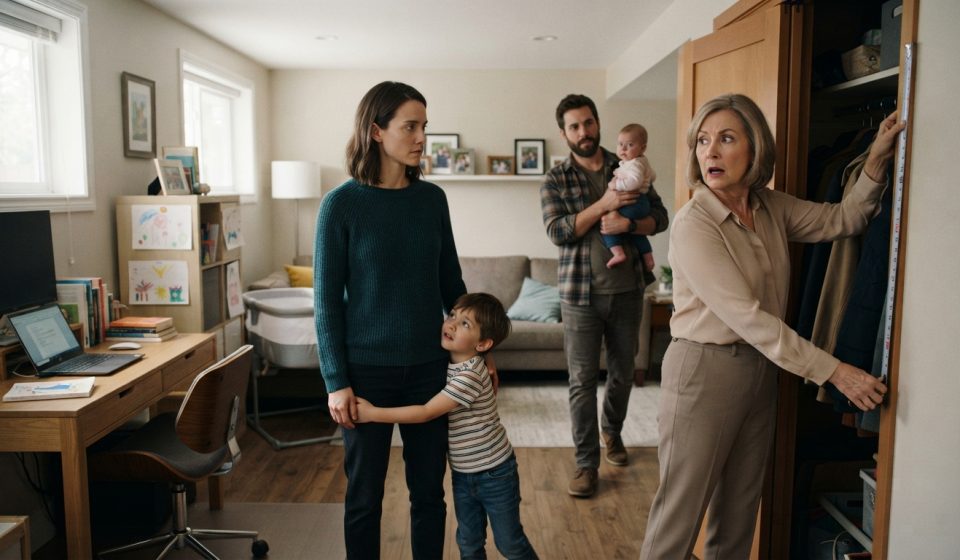 A woman watches her mother measure the downstairs suite for my brother while her husband and children stand inside their family home.