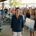 A woman standing apart from her family as her sister-in-law holds an oversized scholarship check during a lakeside family reunion.