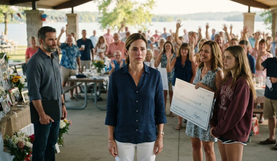 A woman standing apart from her family as her sister-in-law holds an oversized scholarship check during a lakeside family reunion.