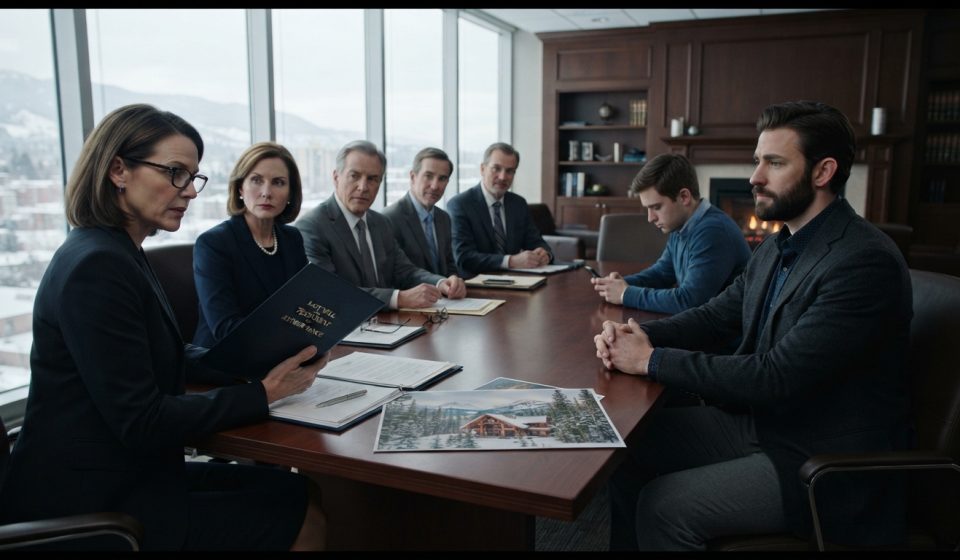 A 32-year-old man sits across from his estranged family during a tense will reading after his grandpa left him his mountain lodge.