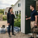 43-year-old widow stands outside her restored orchard home with her belongings packed into bins as her late husband's son blocks the doorway.