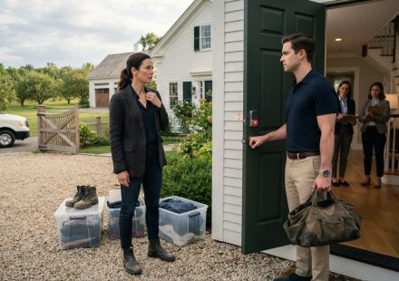 43-year-old widow stands outside her restored orchard home with her belongings packed into bins as her late husband's son blocks the doorway.