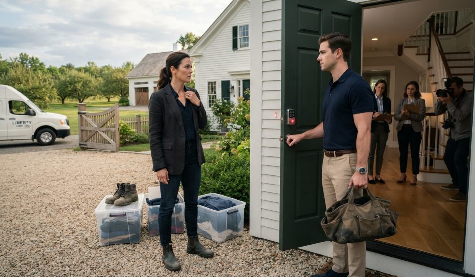 43-year-old widow stands outside her restored orchard home with her belongings packed into bins as her late husband's son blocks the doorway.