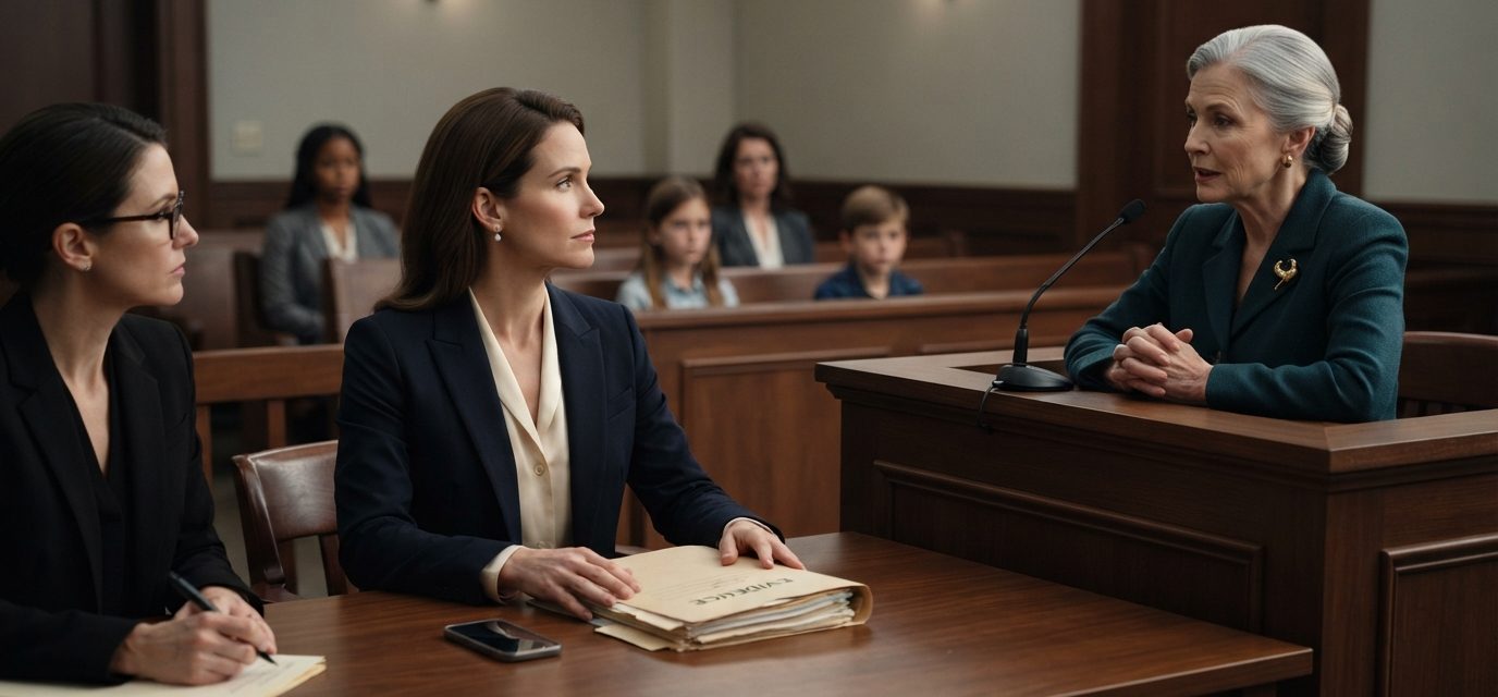 Mother sitting beside a thick evidence folder while her ex-mother-in-law testifies from the witness box during a child custody hearing.