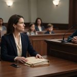 Mother sitting beside a thick evidence folder while her ex-mother-in-law testifies from the witness box during a child custody hearing.