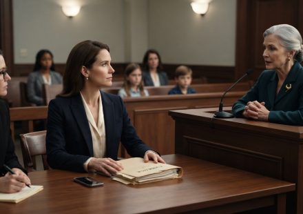 Mother sitting beside a thick evidence folder while her ex-mother-in-law testifies from the witness box during a child custody hearing.
