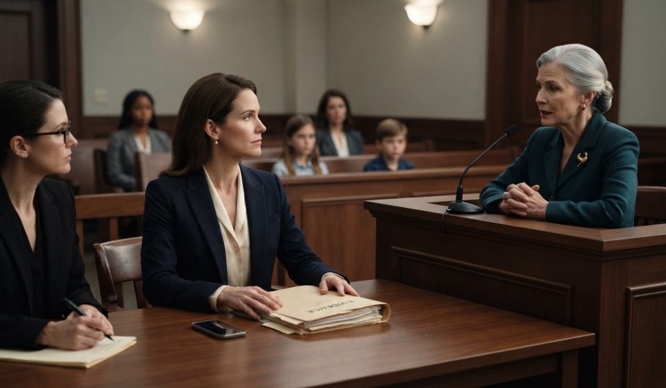 Mother sitting beside a thick evidence folder while her ex-mother-in-law testifies from the witness box during a child custody hearing.