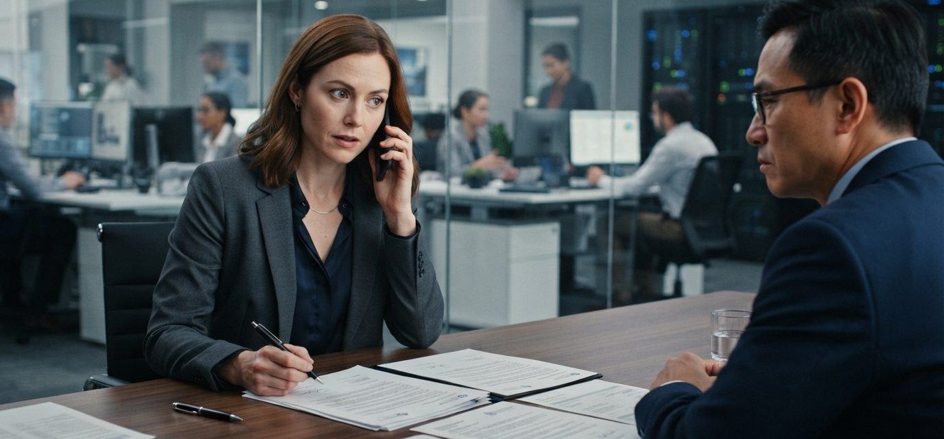 Technology founder quietly signing major business documents while receiving an unexpected phone call from her brother in a modern conference room.