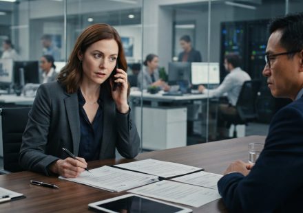 Technology founder quietly signing major business documents while receiving an unexpected phone call from her brother in a modern conference room.