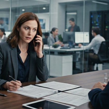 Technology founder quietly signing major business documents while receiving an unexpected phone call from her brother in a modern conference room.