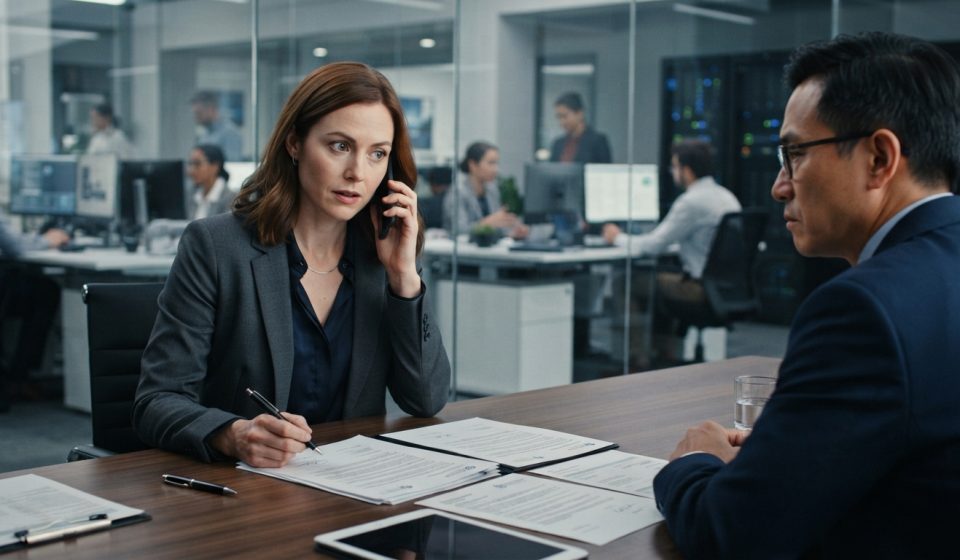 Technology founder quietly signing major business documents while receiving an unexpected phone call from her brother in a modern conference room.