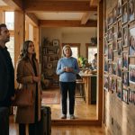 A 61-year-old woman watching her son and daughter-in-law enter a mountain retreat with suitcases and stop at a wall of photographs.