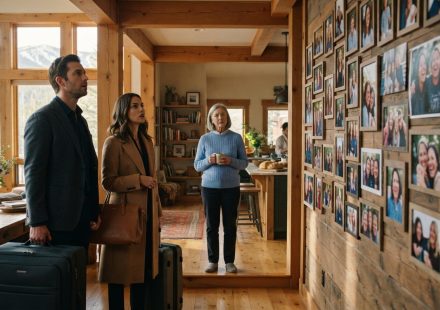 A 61-year-old woman watching her son and daughter-in-law enter a mountain retreat with suitcases and stop at a wall of photographs.