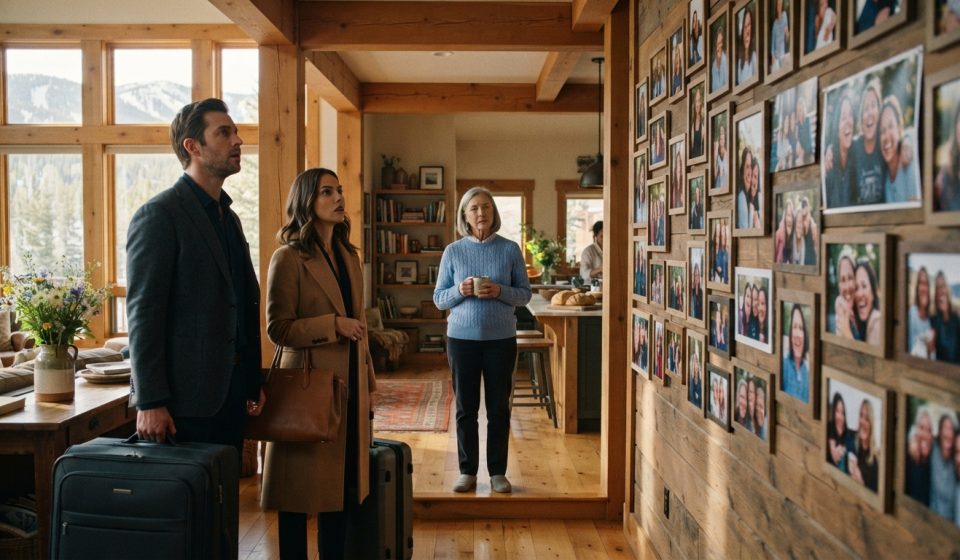 A 61-year-old woman watching her son and daughter-in-law enter a mountain retreat with suitcases and stop at a wall of photographs.