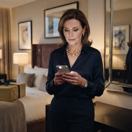 Successful older businesswoman dressed for a formal party staring at an upsetting message on her phone with an expensive wrapped gift on her bed.
