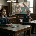 Young woman facing her wealthy father in probate court while a lawyer displays a photo of her working as a waitress