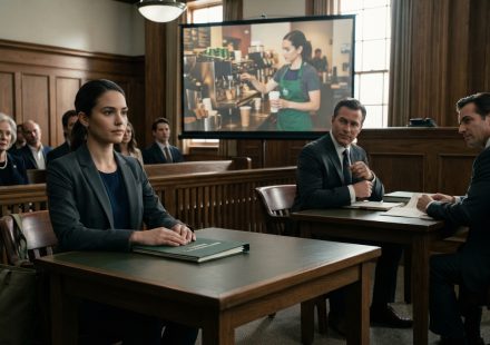 Young woman facing her wealthy father in probate court while a lawyer displays a photo of her working as a waitress