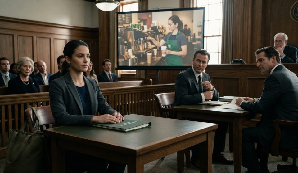Young woman facing her wealthy father in probate court while a lawyer displays a photo of her working as a waitress