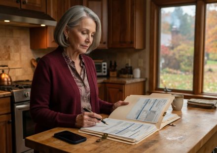 A 68-year-old mother calmly reviewing family financial documents at her kitchen island after an unexpected phone call.