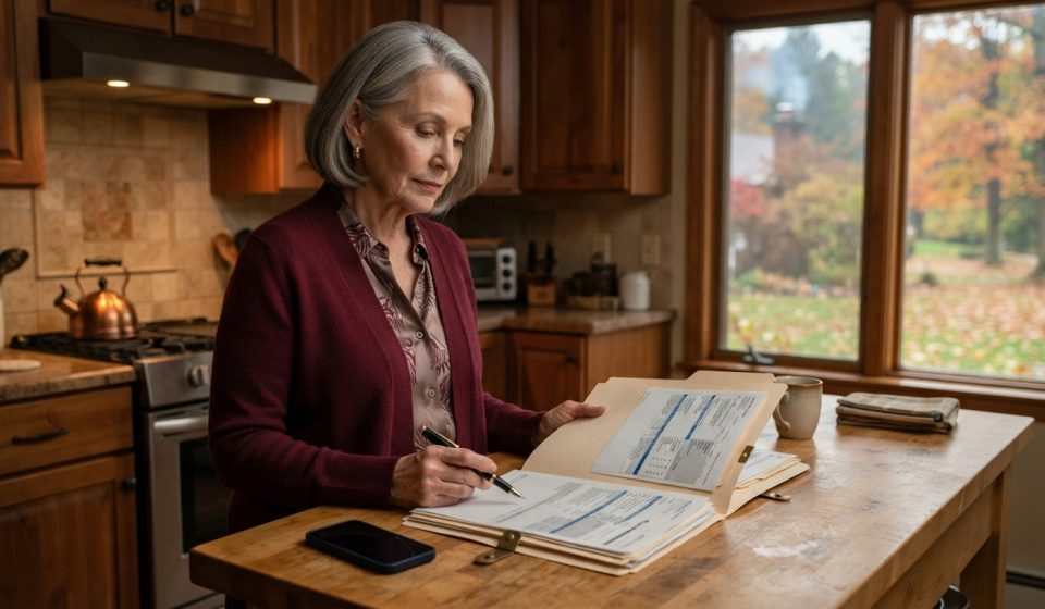 A 68-year-old mother calmly reviewing family financial documents at her kitchen island after an unexpected phone call.