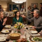A stunned woman sits at Mother's Day dinner as her father points at her after her sister announced her third pregnancy.