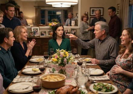 A stunned woman sits at Mother's Day dinner as her father points at her after her sister announced her third pregnancy.