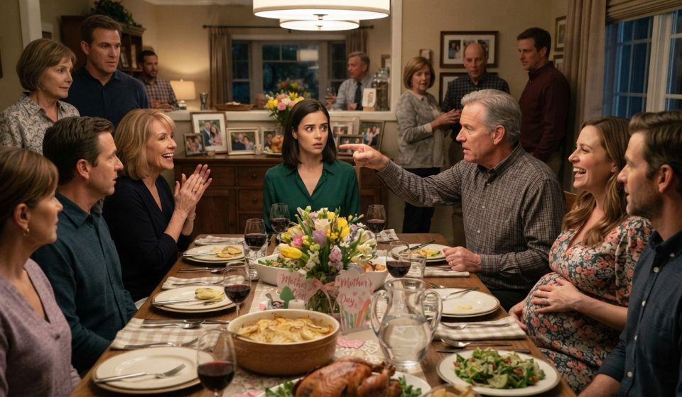 A stunned woman sits at Mother's Day dinner as her father points at her after her sister announced her third pregnancy.