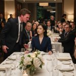 A woman remains calmly seated at a graduation dinner while her angry boyfriend stands and confronts her in front of shocked guests.