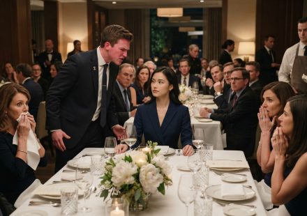 A woman remains calmly seated at a graduation dinner while her angry boyfriend stands and confronts her in front of shocked guests.