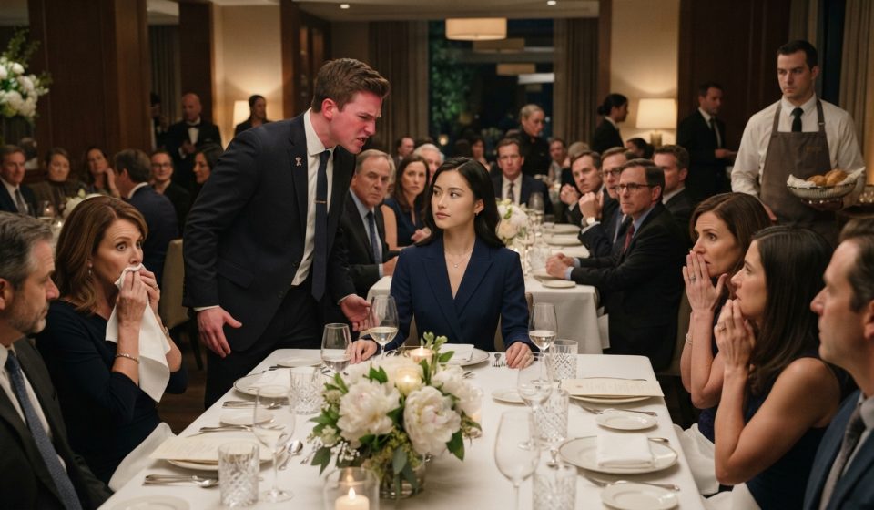 A woman remains calmly seated at a graduation dinner while her angry boyfriend stands and confronts her in front of shocked guests.