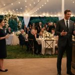 A quiet woman in a dark dress faces the confident best man near the dessert table at an elegant outdoor wedding reception.