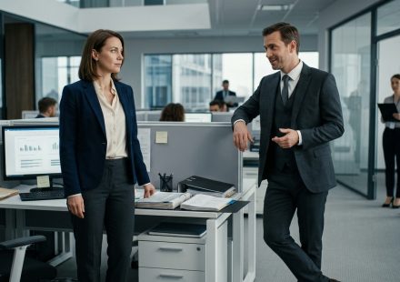 New VP fired me as replaceable during a tense office meeting while an experienced employee remains calm beside her longtime client binder.