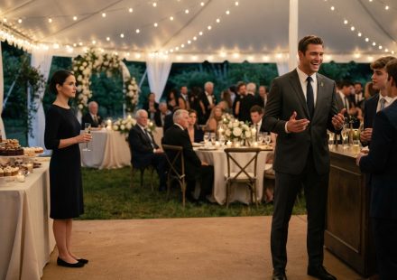 A quiet woman in a dark dress faces the confident best man near the dessert table at an elegant outdoor wedding reception.