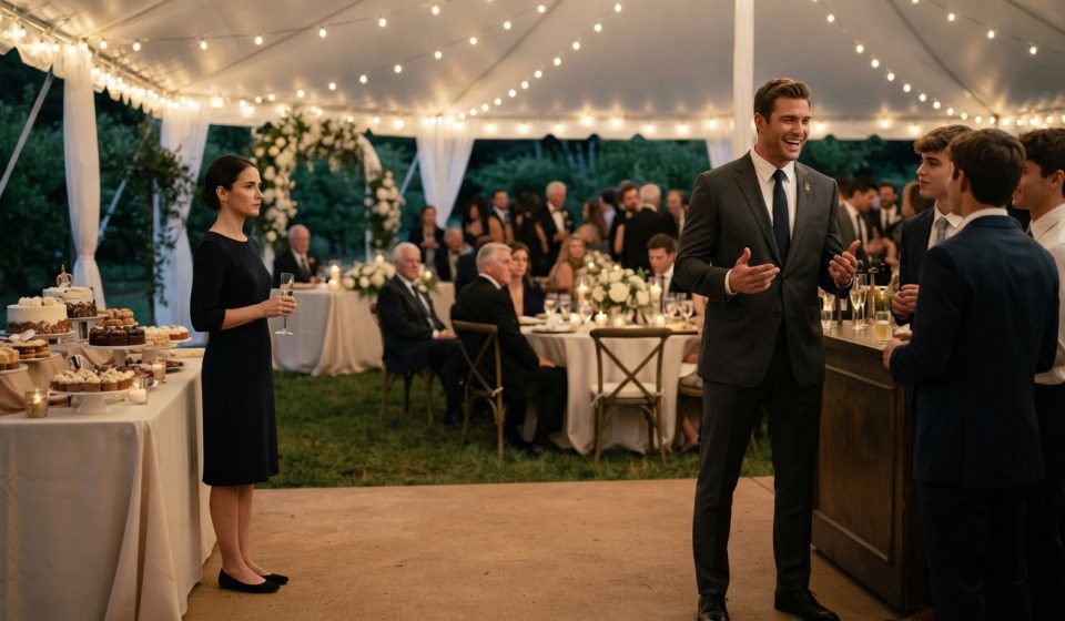 A quiet woman in a dark dress faces the confident best man near the dessert table at an elegant outdoor wedding reception.