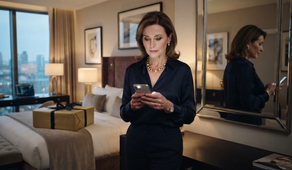 Successful older businesswoman dressed for a formal party staring at an upsetting message on her phone with an expensive wrapped gift on her bed.