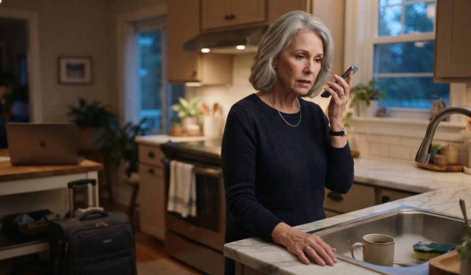 A 65-year-old mother stands quietly in her kitchen during the phone call telling her she isn't invited to her daughter's wedding.