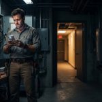 A 34-year-old electrician pauses beside a commercial breaker panel to read an unexpected family message on his phone.