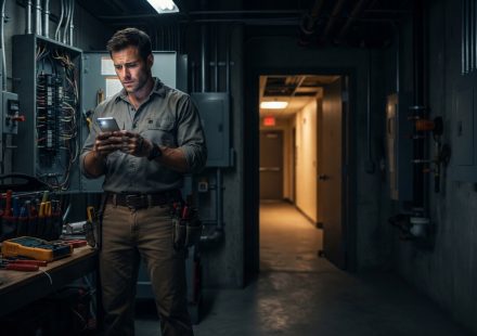 A 34-year-old electrician pauses beside a commercial breaker panel to read an unexpected family message on his phone.