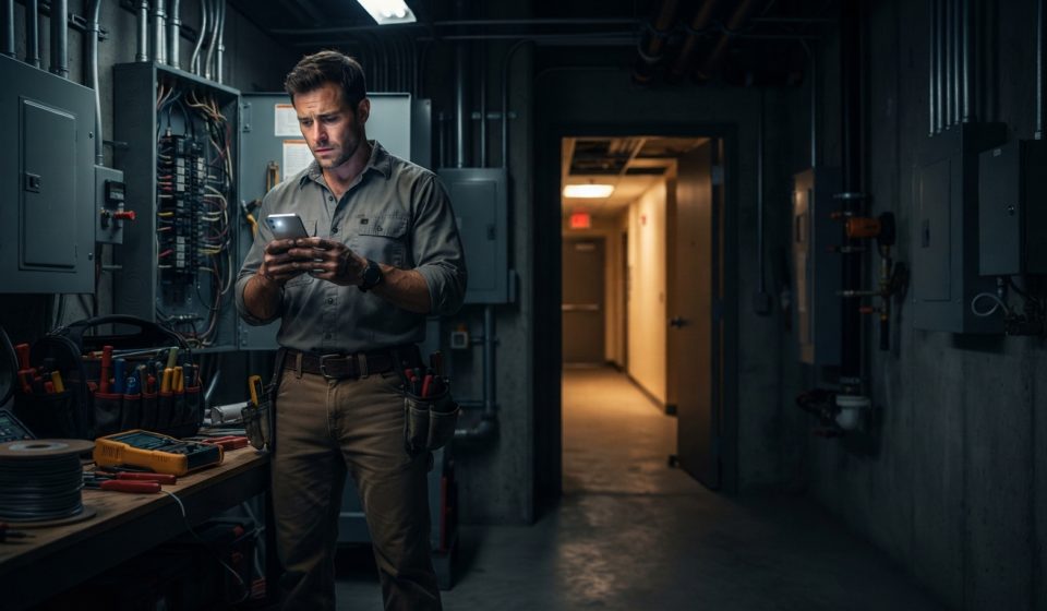 A 34-year-old electrician pauses beside a commercial breaker panel to read an unexpected family message on his phone.
