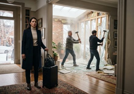 A woman returning to her Denver brownstone and discovering her father and brother tearing down the walls of her custom sunroom.