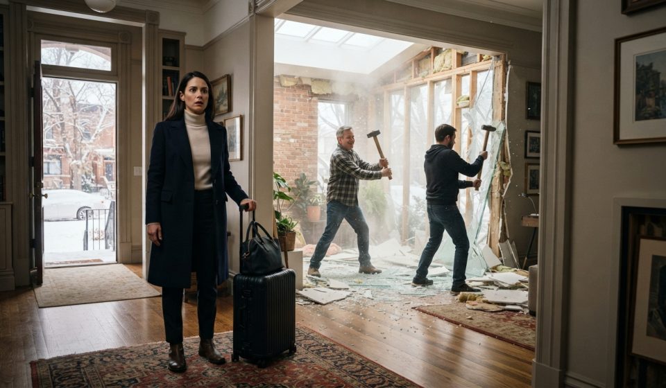 A woman returning to her Denver brownstone and discovering her father and brother tearing down the walls of her custom sunroom.