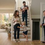 Mother measuring the downstairs suite with a yellow tape measure as her daughter stands with her young son and husband holding their newborn.
