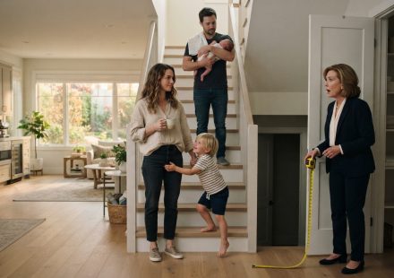 Mother measuring the downstairs suite with a yellow tape measure as her daughter stands with her young son and husband holding their newborn.
