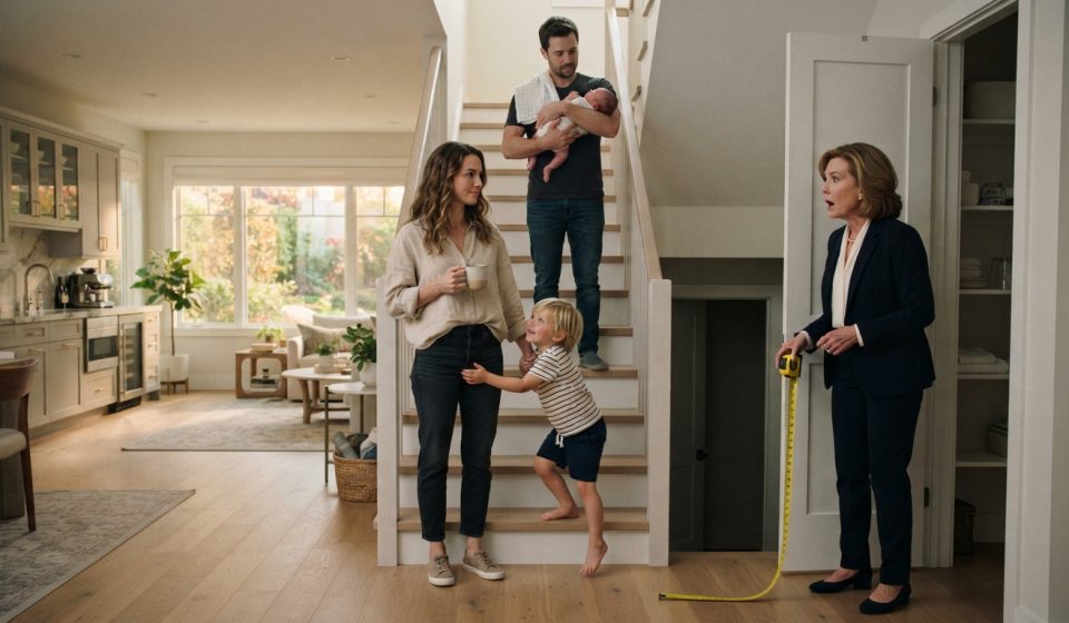 Mother measuring the downstairs suite with a yellow tape measure as her daughter stands with her young son and husband holding their newborn.