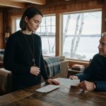 A woman calmly faces her father across a lake cottage kitchen table after he presents her with a cashier's check and claims he sold her property.