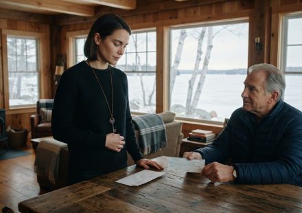 A woman calmly faces her father across a lake cottage kitchen table after he presents her with a cashier's check and claims he sold her property.