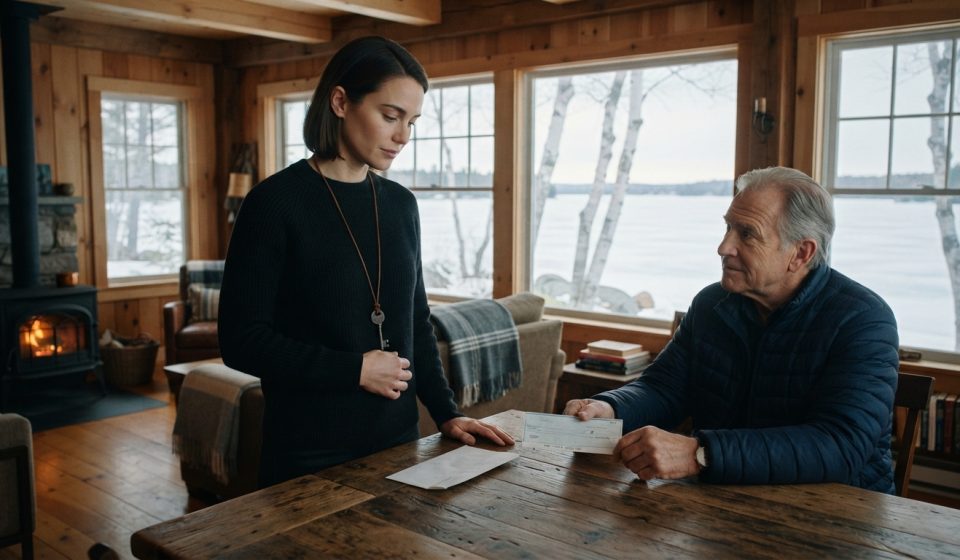 A woman calmly faces her father across a lake cottage kitchen table after he presents her with a cashier's check and claims he sold her property.