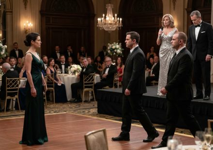 Laura stands alone at dad's lavish retirement party as her stepmother gestures toward security and her father looks down in silence.