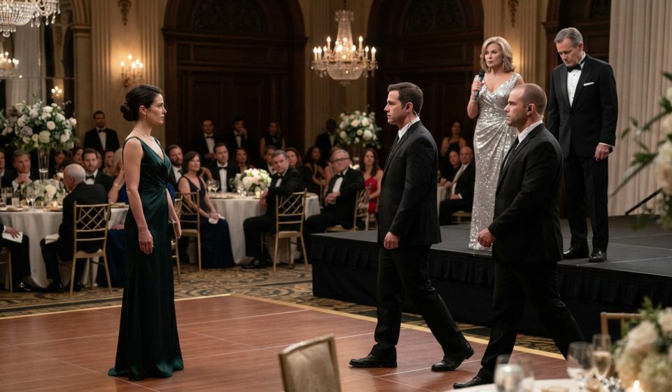 Laura stands alone at dad's lavish retirement party as her stepmother gestures toward security and her father looks down in silence.